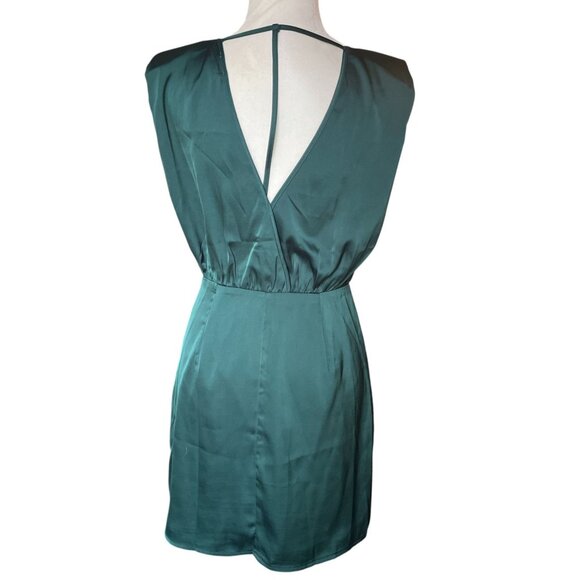 Le Lis Dark Green Satin Sleeveless Mini Dress With Open Back And T-Strap Detail - Picture 2 of 10